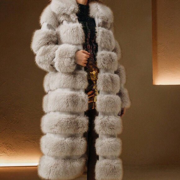 Elegant Long Women's warm Faux Fur Patchwork Coat - Picture 1 of 11